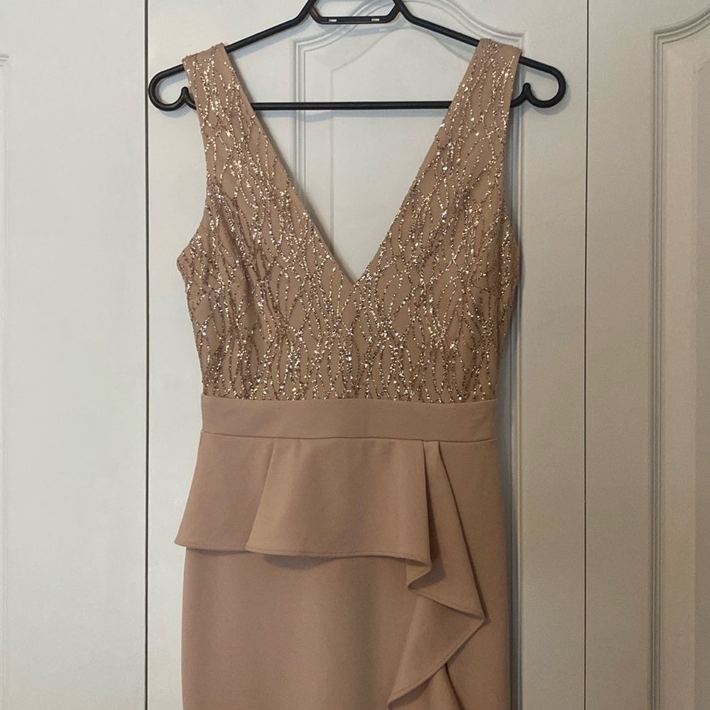 Long beige dress suitable for dinner,girl’s night-out,date night etc.